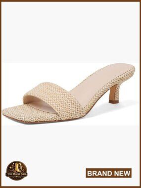 Kitten Heel Sandals Raffia Low Heels 2 Inch Square Open Toe Slip On Summer